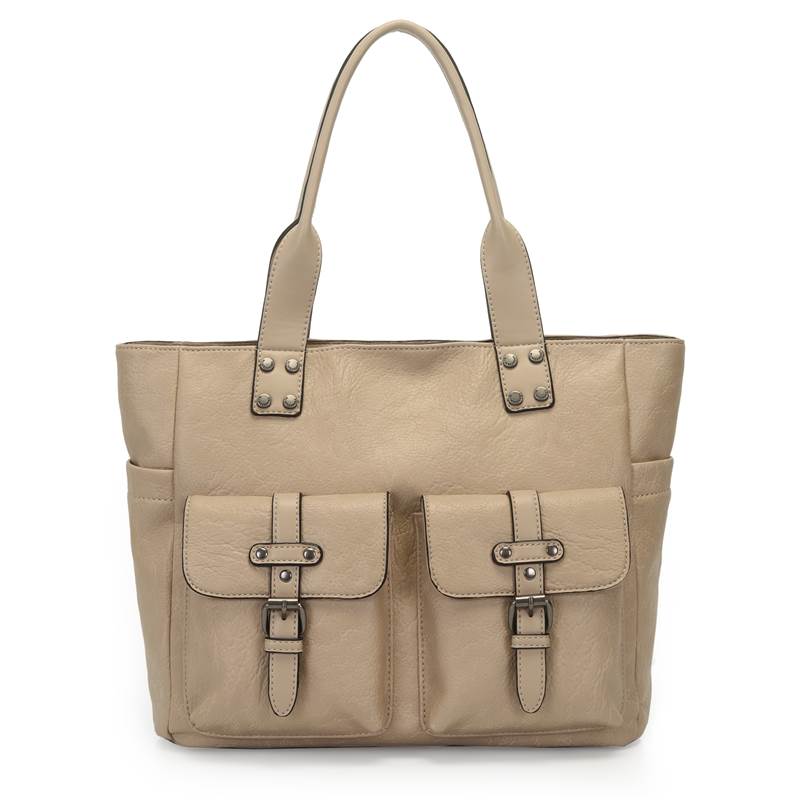 Bolsa WJ bege em material sintético vista frontal com alças fixas e bolsos frontais com fivelas